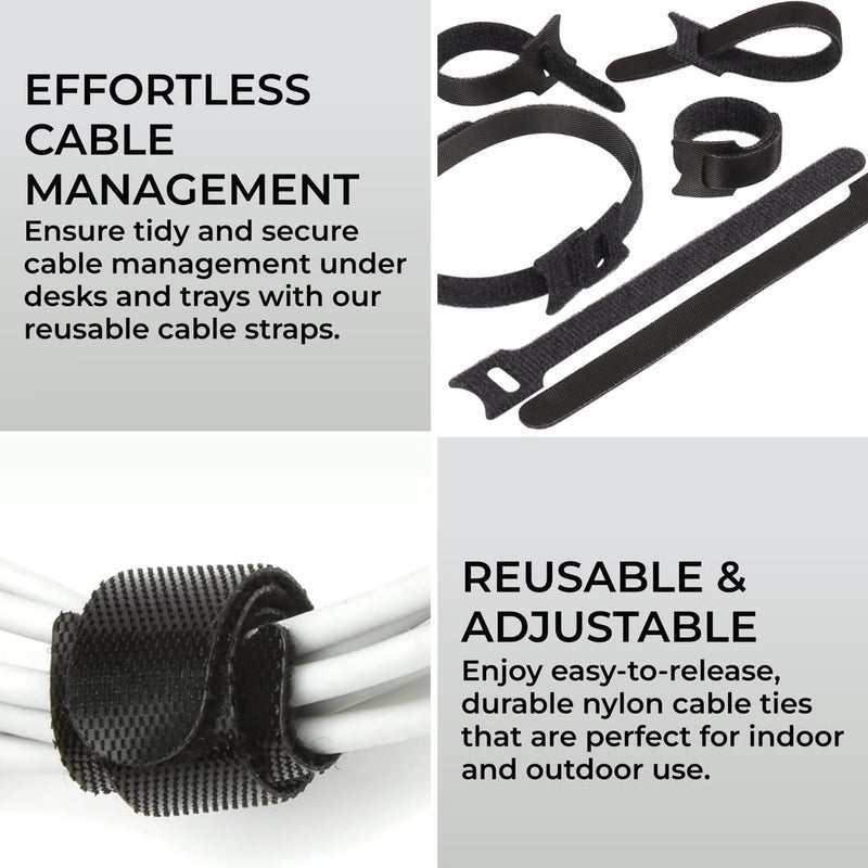 H&S Nylon Reusable Cable Ties for Cord Management - 50pcs - Adjustable Nylon Hook and Loop Straps - Strong Black Wire Organizer - Image 2